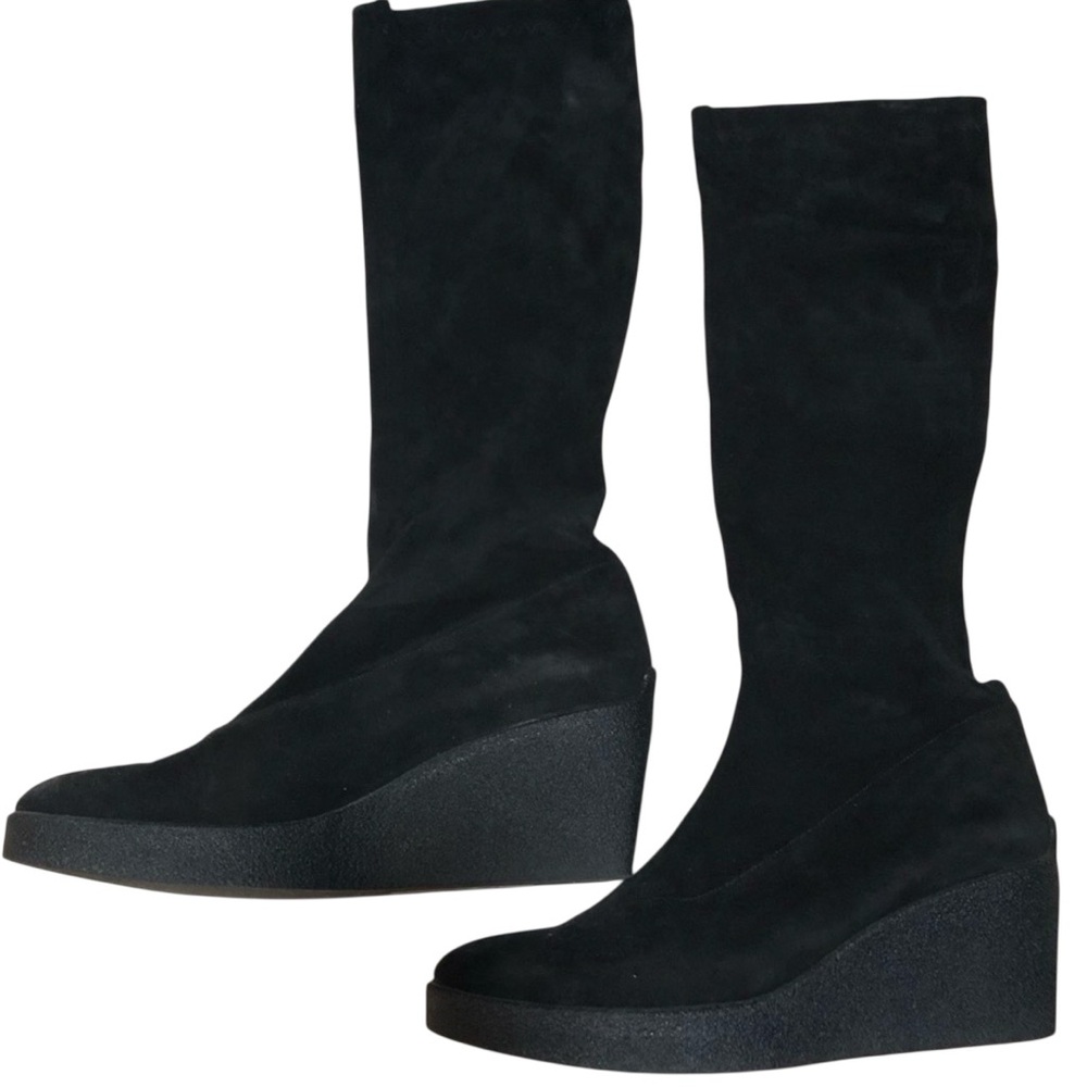 Robert Clergerie Paris Loane black stretch suede wedge knee boots, size 9.5/10